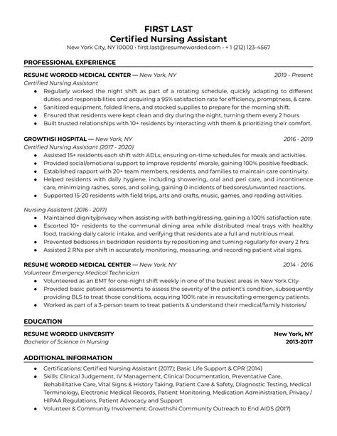 certified nursing assistant resume sample with experience