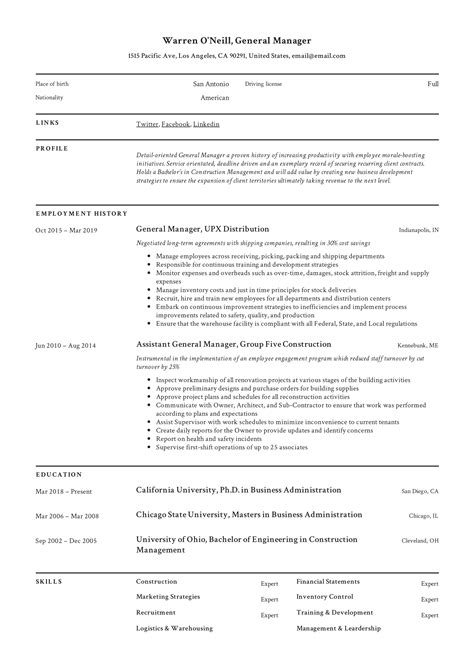 general manager sample resume