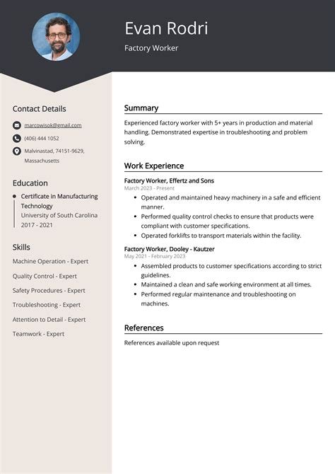 resume examples for factory worker