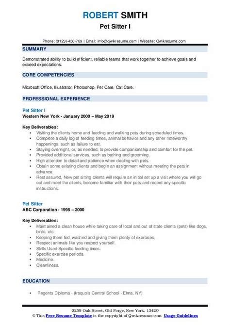 resume for pet sitting