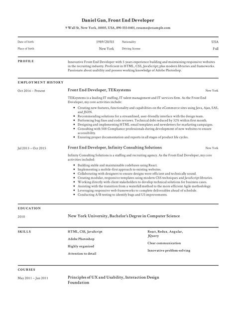 resume format for front end developer