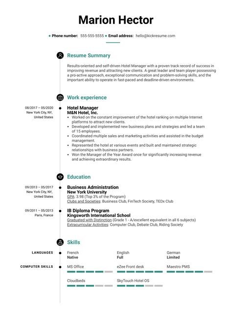 resume format hotel management