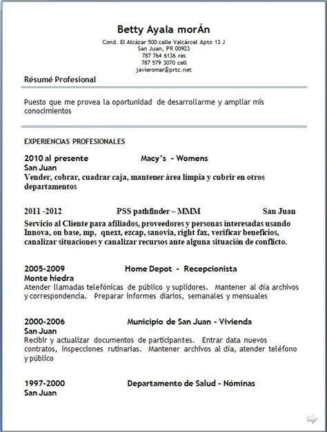 resume in spanish job