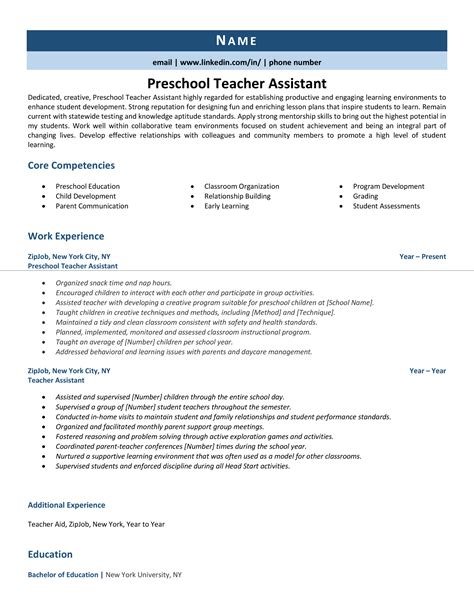 resume preschool teacher assistant