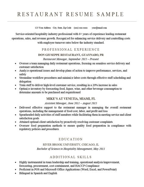 resume template restaurant